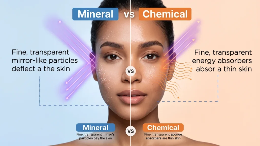 Diagram showing chemical vs mineral sunscreen difference
