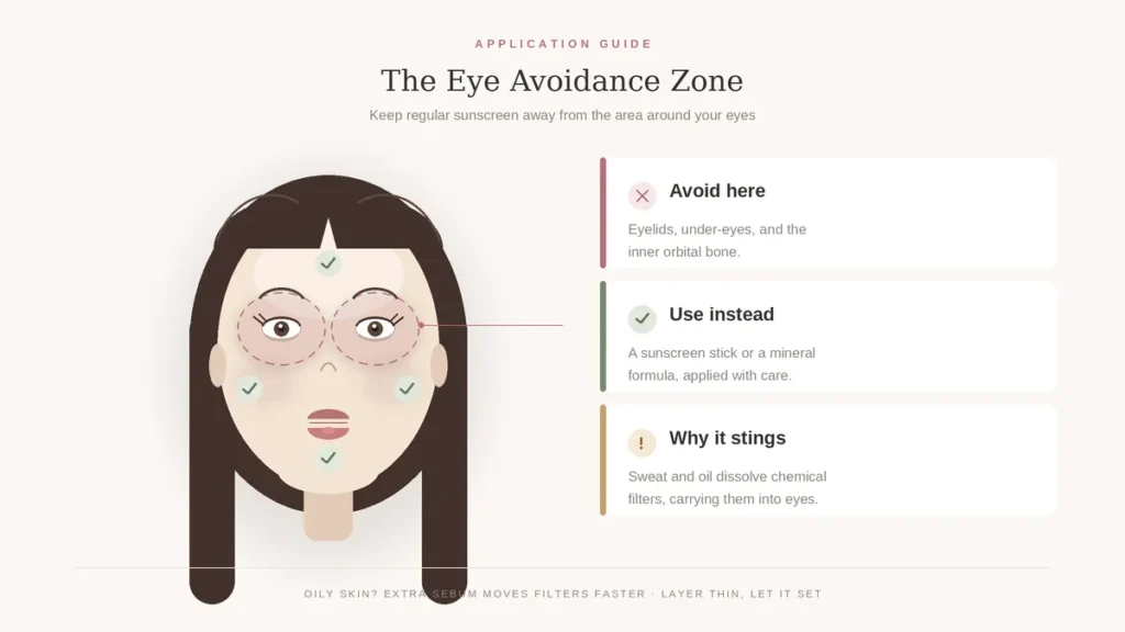 Keep regular sunscreen out of the eye zone — treat it separately with a stick or mineral formula