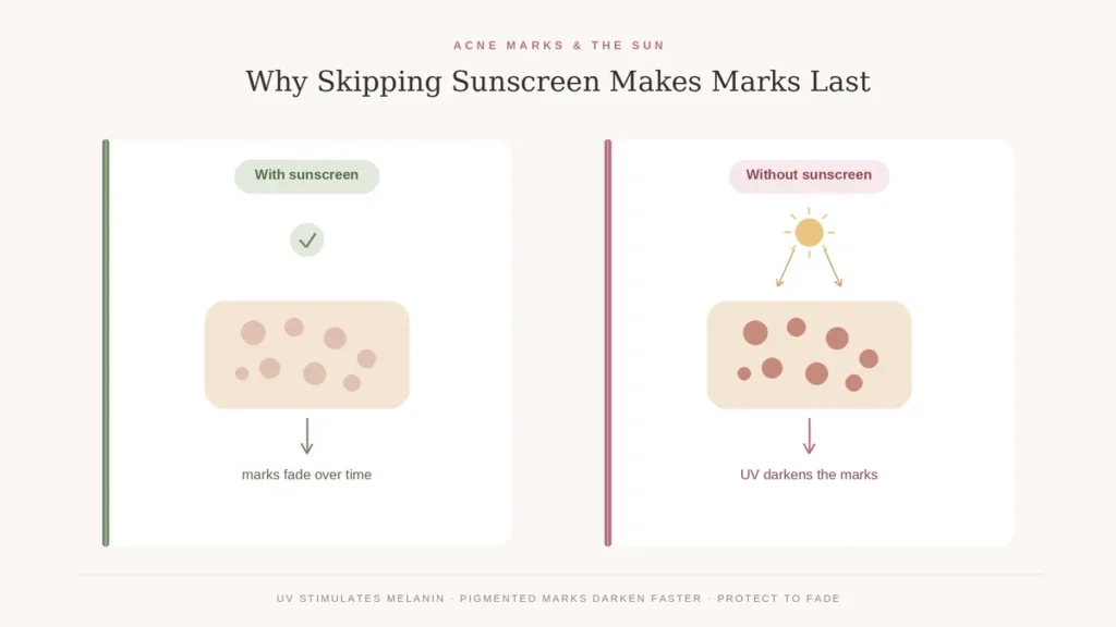 Diagram showing acne marks fade with sunscreen but darken under UV without it