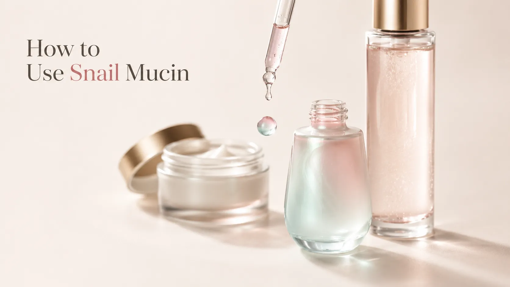 How to use snail mucin — skincare products arranged in order with a glossy essence drop