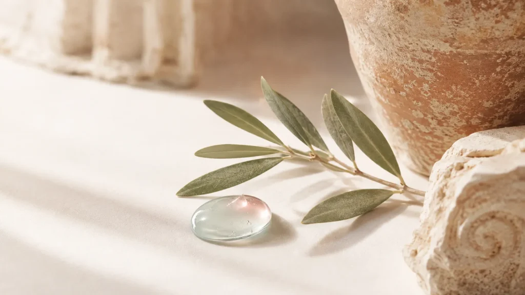 Snail skincare from ancient Greece to today — an olive branch beside a modern essence drop