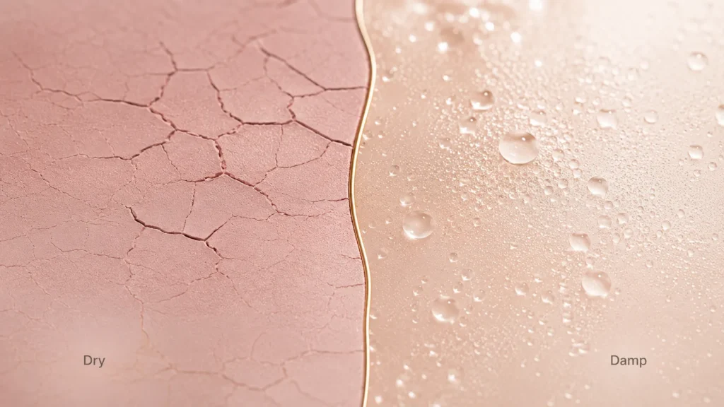 Apply snail mucin to damp skin, not dry — a dry cracked surface versus a dewy hydrated one