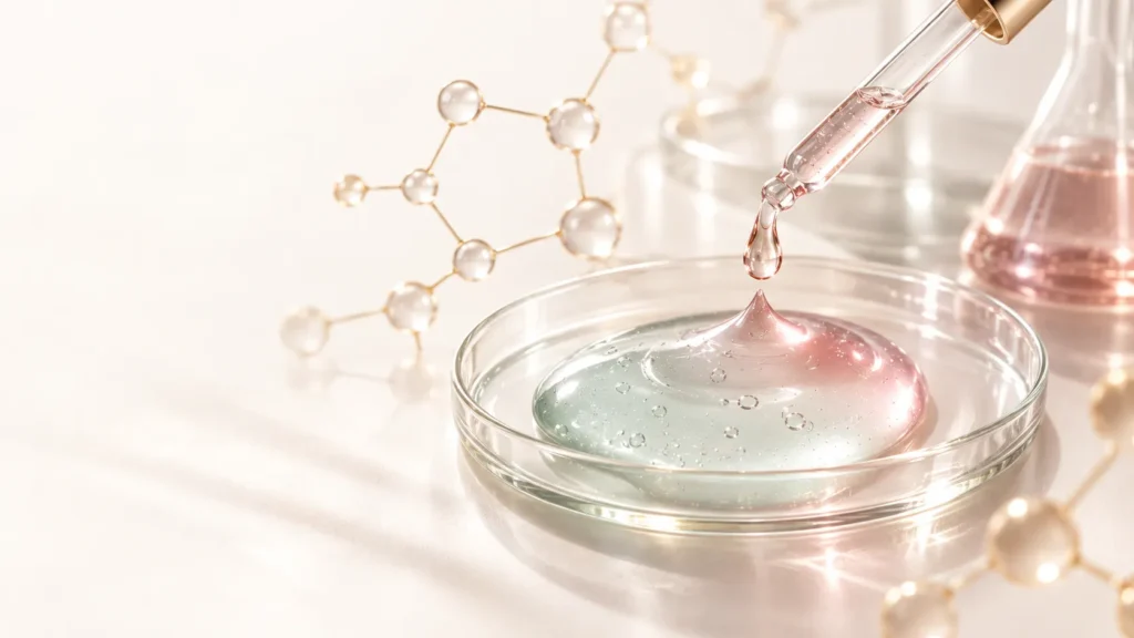 The science behind snail mucin — pearlescent essence in lab glassware with molecular accents