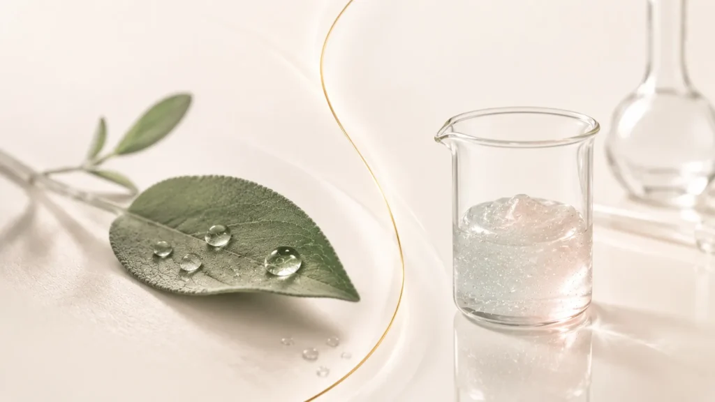 Animal welfare and synthetic snail mucin — a dewy leaf beside lab glassware holding pearlescent gel