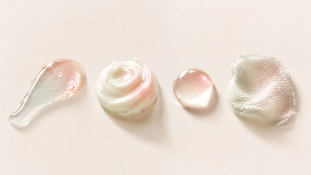 Snail mucin formats compared — watery essence, rich cream, concentrated ampoule, and sheet mask textures