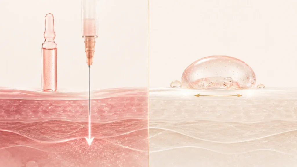 PDRN injectable vs topical — deep clinic treatment versus surface-level home skincare