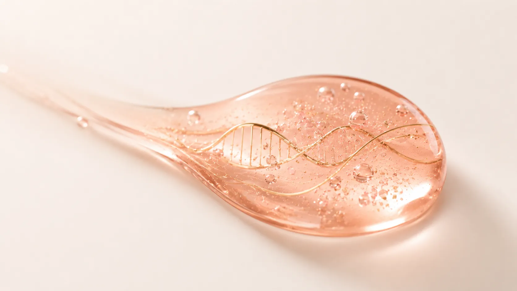 What is PDRN skincare — a salmon-toned serum drop with a subtle DNA helix accent