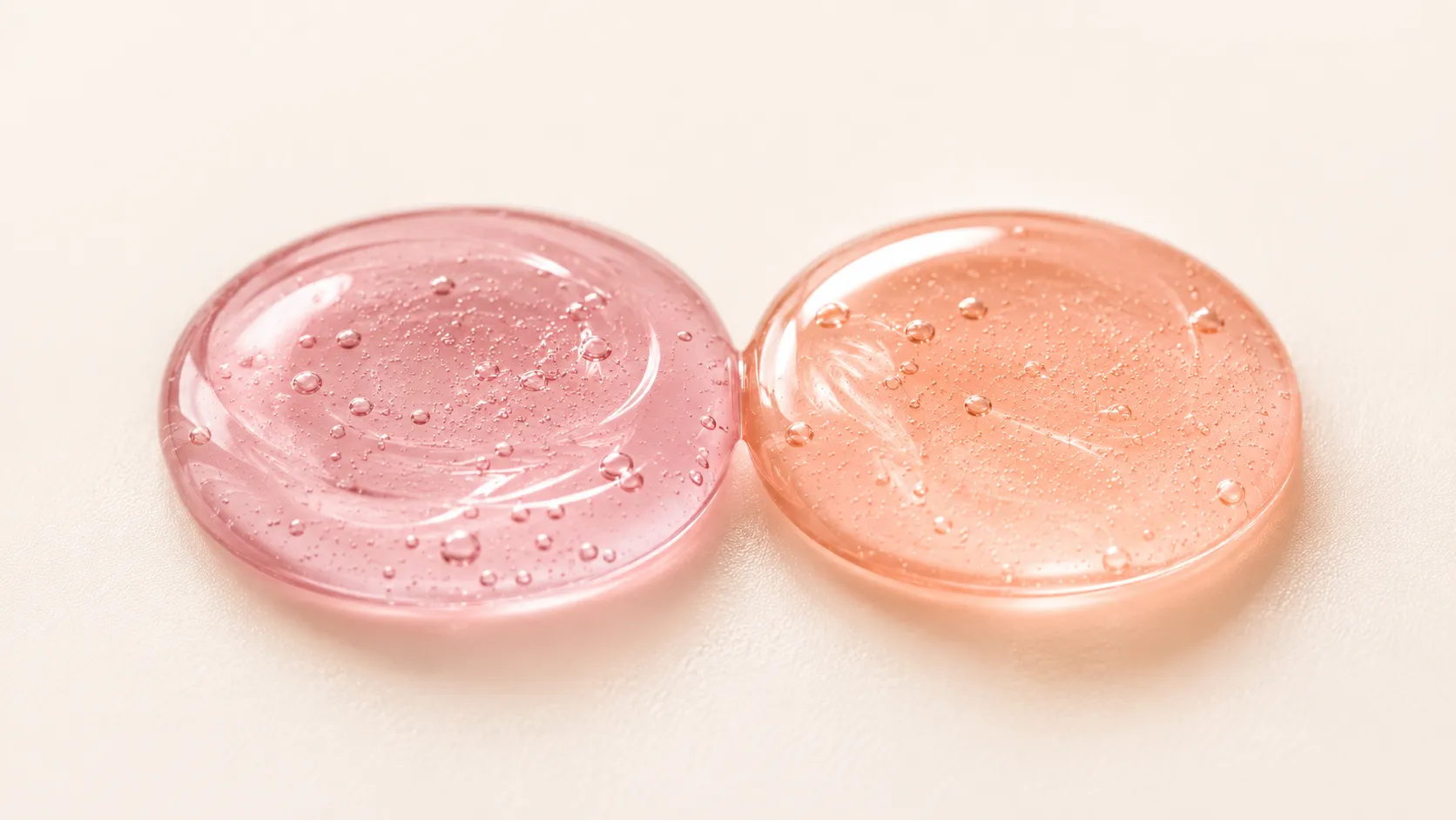 PDRN vs snail mucin — a salmon-toned serum drop and a rose-toned snail essence drop side by side