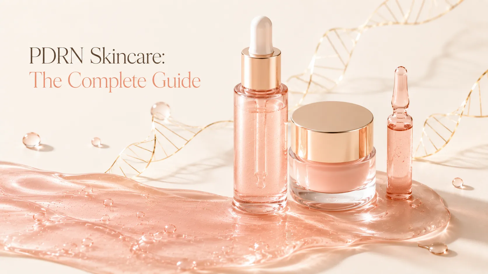 PDRN skincare complete guide — a collection of salmon-toned serum, cream, and ampoule