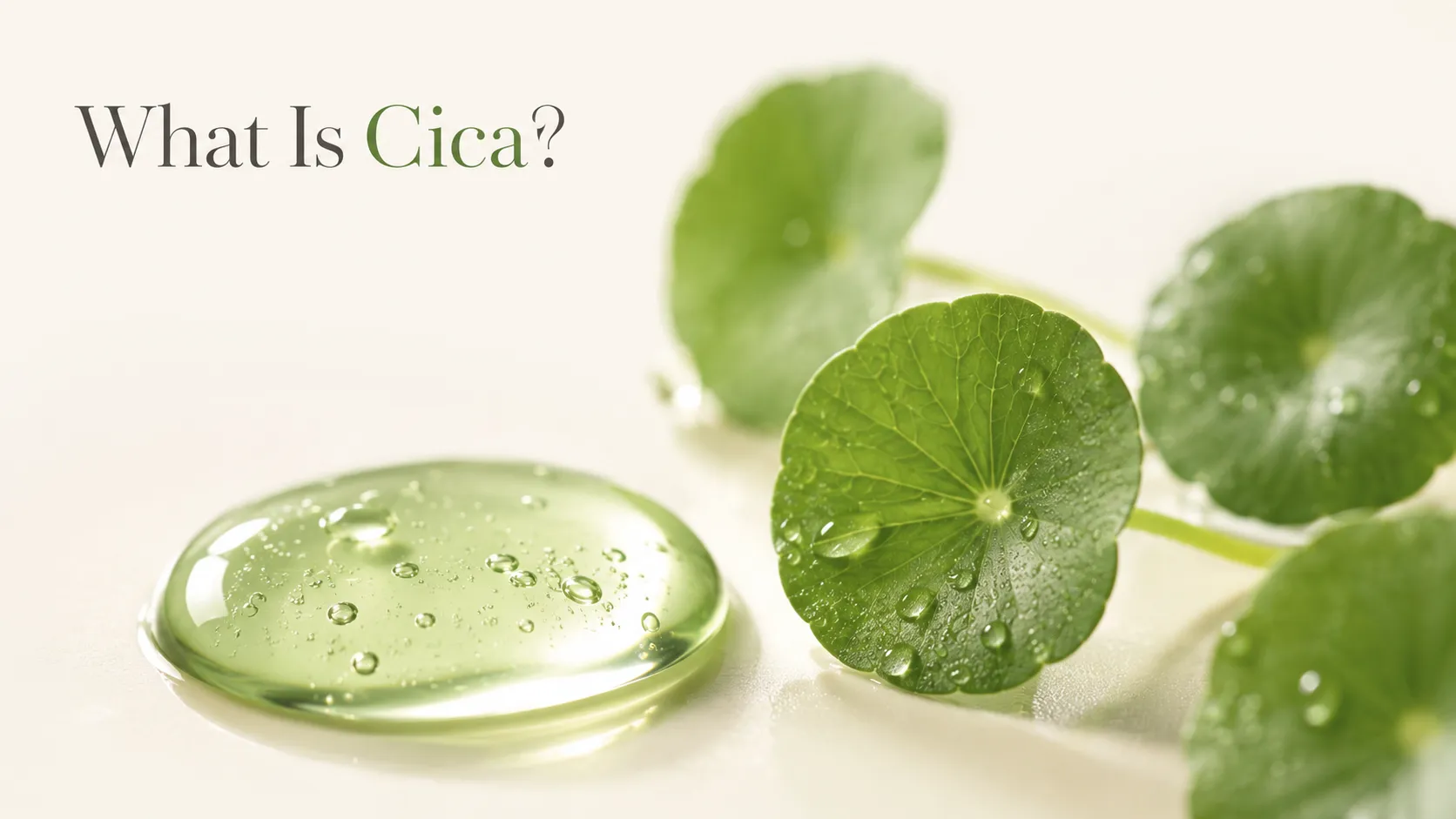 What is cica skincare — centella leaves and a green-tinted soothing gel drop