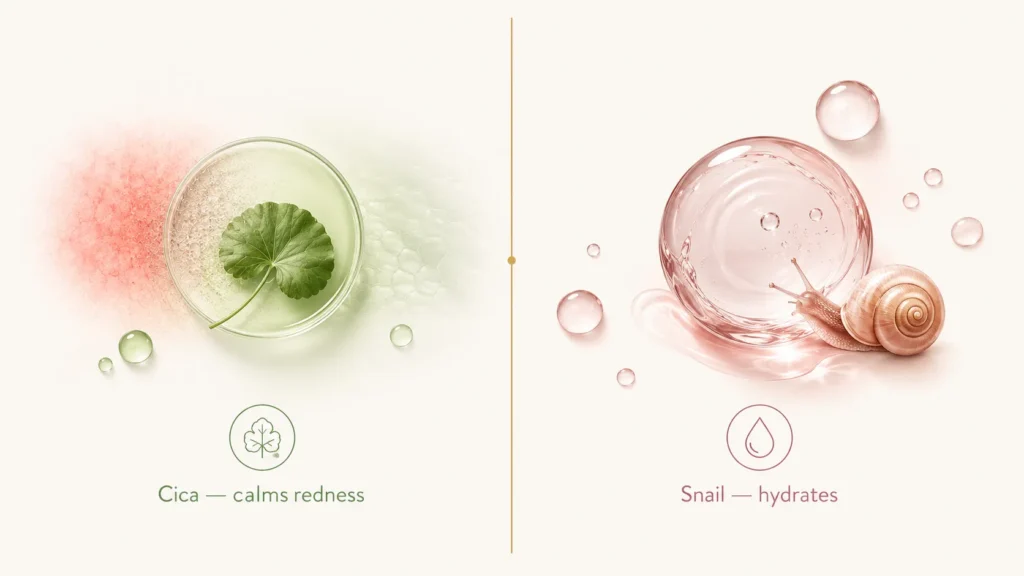 Different strengths — cica calms redness, snail mucin delivers moisture