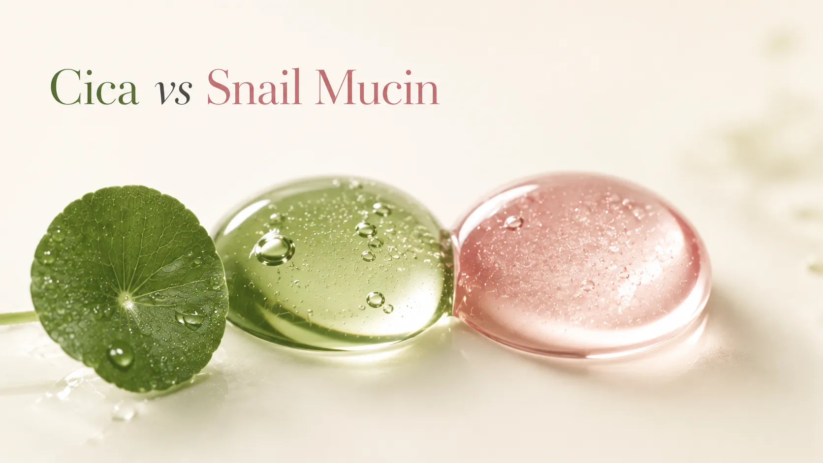 Cica vs snail mucin — a green centella drop and a rose snail essence drop side by side