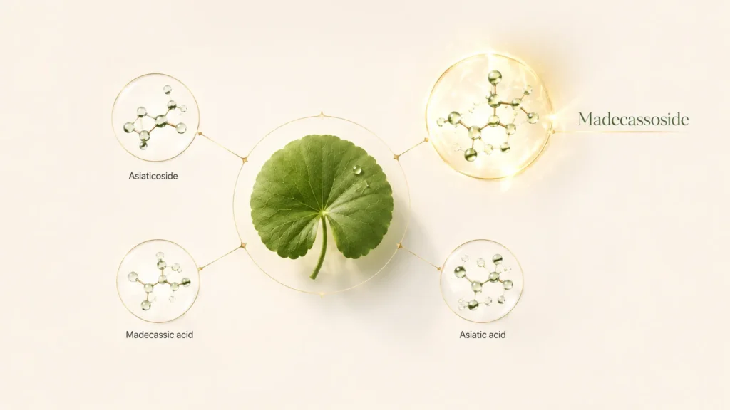 Centella contains four actives — madecassoside is the standout for calming redness