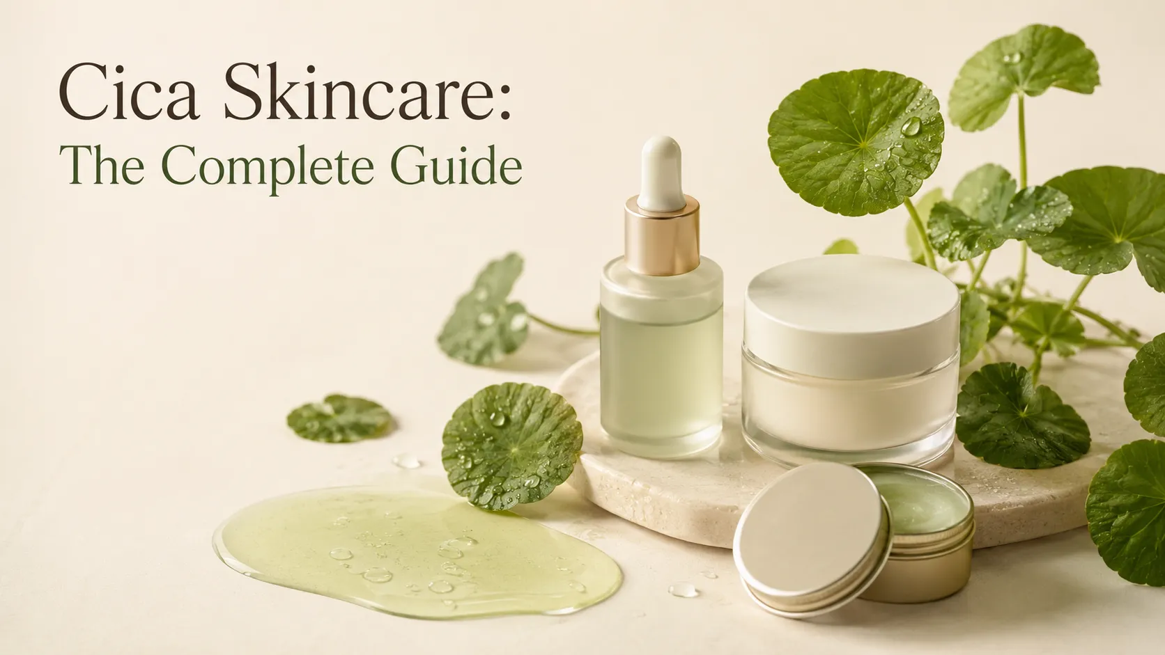 Cica skincare complete guide — centella leaves with serum, cream, and soothing balm