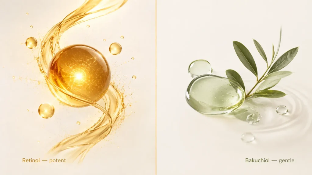 Power versus gentleness — retinol is potent but harsh, bakuchiol is gentle