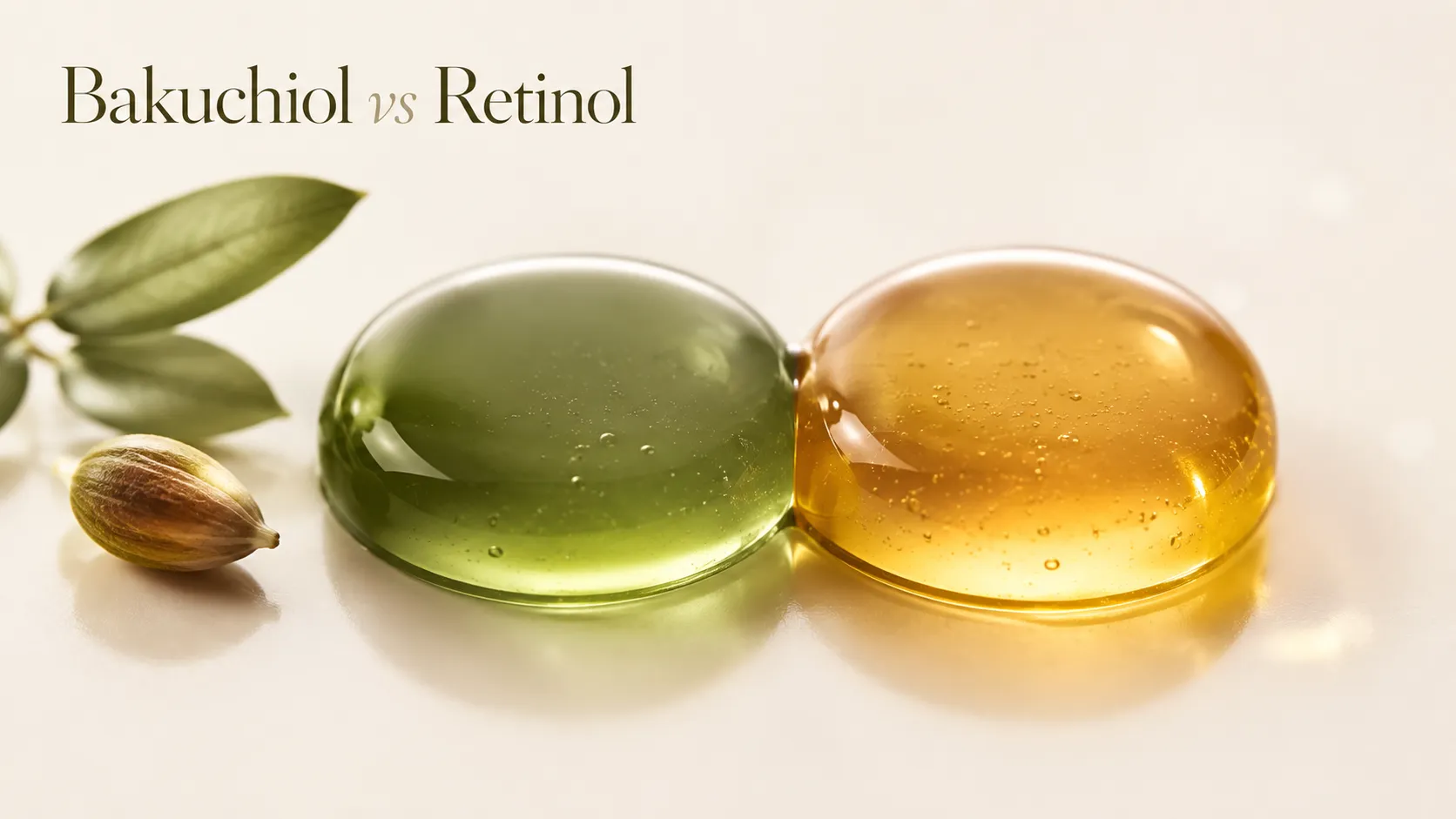 Bakuchiol vs retinol — an olive-green plant drop and an amber retinol drop side by side