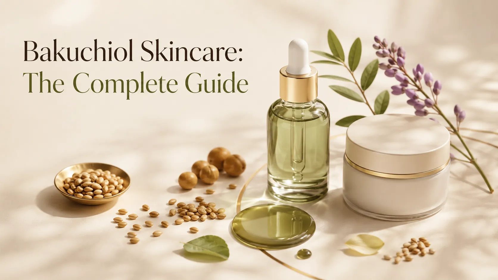 Bakuchiol skincare complete guide — serum and cream with babchi seeds and leaves