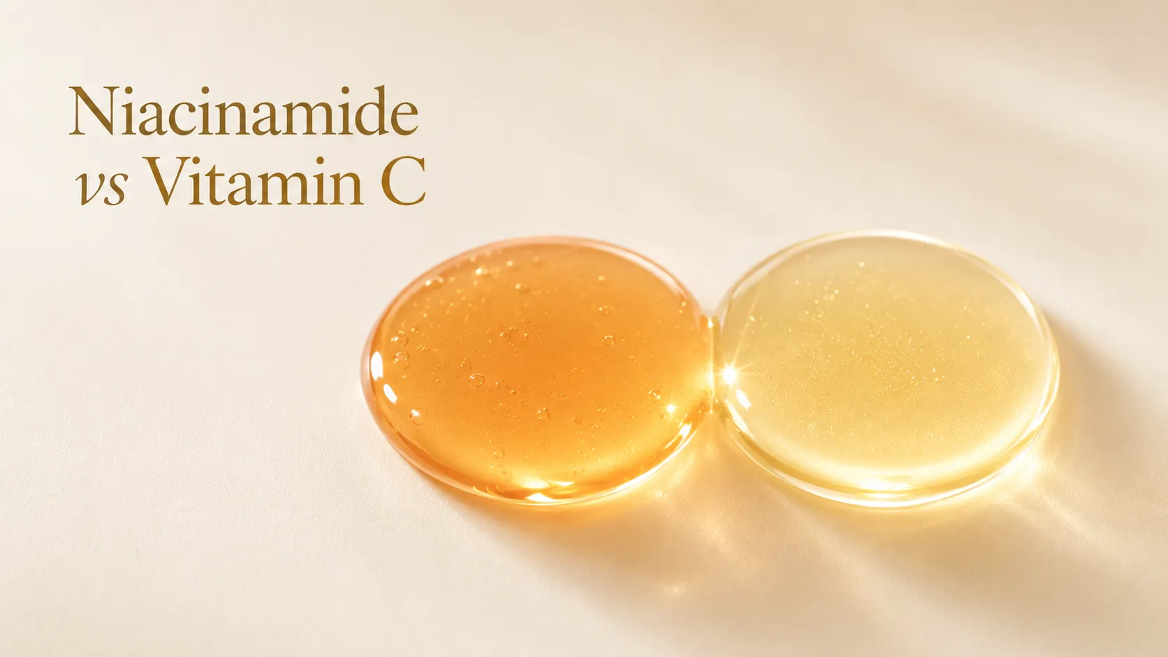 Niacinamide vs vitamin C — a butter-yellow drop and a citrus-orange drop side by side