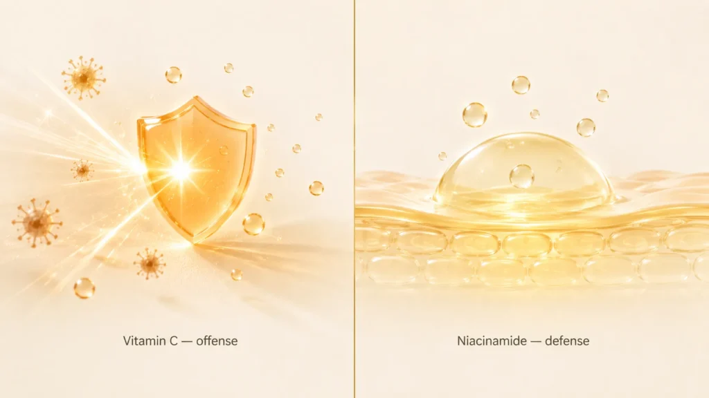 Vitamin C is offense, niacinamide is defense — different roles that work together