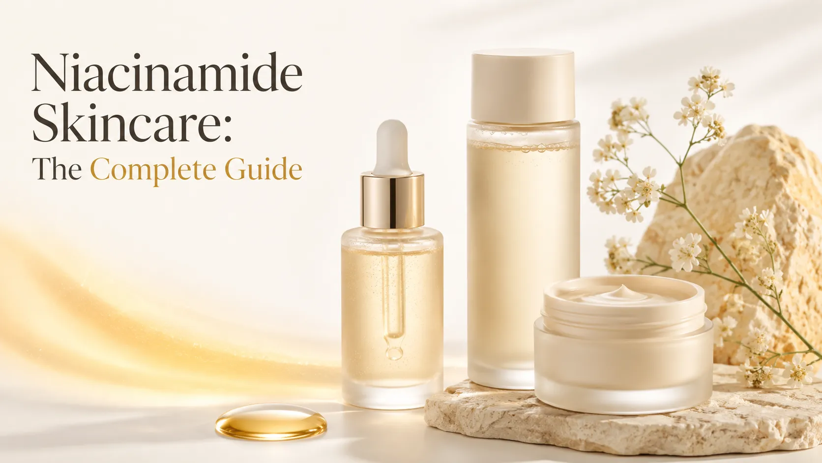 Niacinamide skincare complete guide — serum, essence, and cream in warm butter-yellow tones