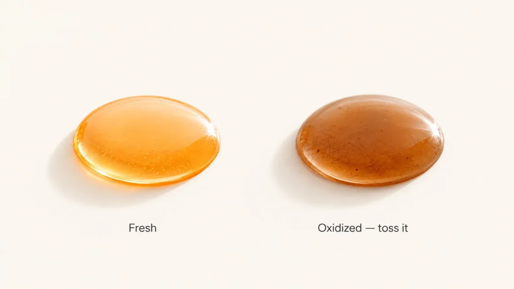 Vitamin C oxidation — fresh clear serum versus oxidized brown serum