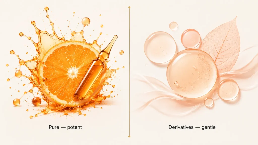 Pure L-ascorbic acid vs vitamin C derivatives — potency versus stability