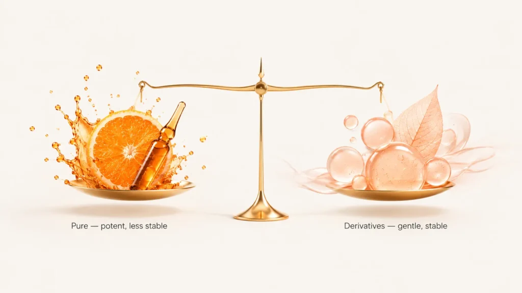 Vitamin C trade-off — pure is potent but unstable, derivatives are gentle and stable